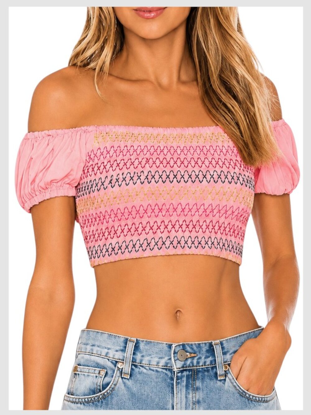 Lovers + Friends Kora Top Pink Lemonade Smocked Off Shoulder Crop S